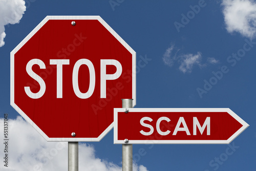 Stop Scam red road sign