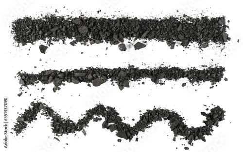 Black coal with fragments in shape lines and wave isolated on white background and texture, top view