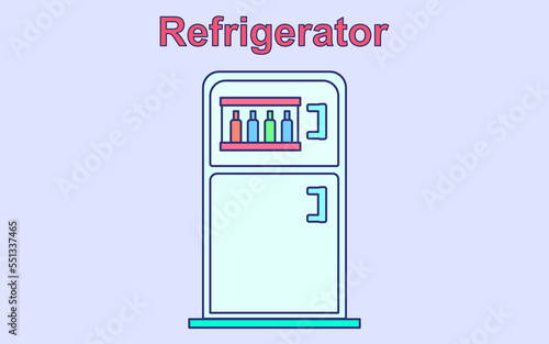 Illustration of refrigerator with bottle beverage and food. Flat vector illustration.