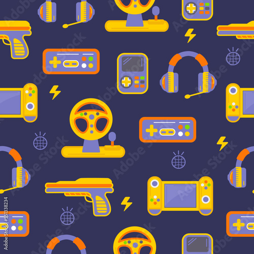Video gaming seamless pattern. Joystick, digital computer game flat gadgets. Elements for online game, retro technologies neoteric vector background
