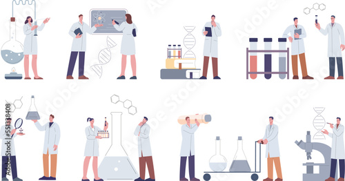 Flat science group characters. Chemist set, innovative scientist and professional biologist. Dna research medical workers. Cartoon kicky laboratory vector kit