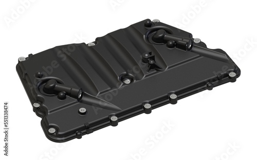 Black painted aluminium oil cooler truck spare part on black background 3d Rendering