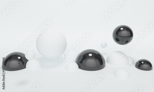 White abstract background with black shiny flying bubbles. 3d rendering