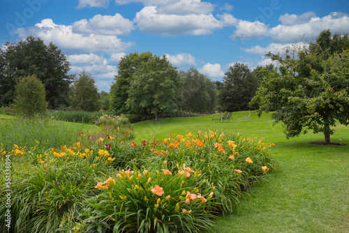 Scenic view of lush landscaped park or garden with colorful blooming flowers, trees and green meadow under cloudy blue sky