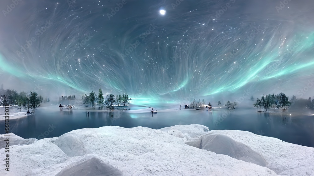 Winter snow covered landscape, northern lights in the sky reflecting on the lake, icy blue colors, Merry christmas and happy new year greeting background