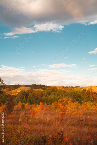 Beautiful mountain landscape. Mountains in the rays of the setting sun, in autumn.Green forest. Blue sky with beautiful clouds. park. Russia. 