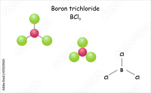 Stylized molecule model/structural formula of boron trichloride. Use as catalyst and  for doping in semiconductor industry.