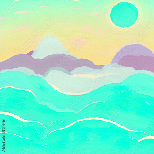 Digital art painting - sea and mountains tropical landscape. Simple forms illustration. Graphic drawing paradise resort in pastel colors.
