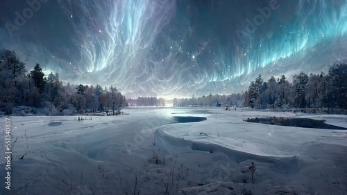 Dark winter night snow covered landscape, northern lights in the sky reflecting on the lake