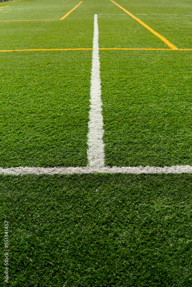 Obraz premium Close-up of white lines painted on artificial grass soccer field