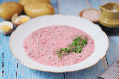 A plate with cold beetroot soup - national dish of Baltic region	 photo