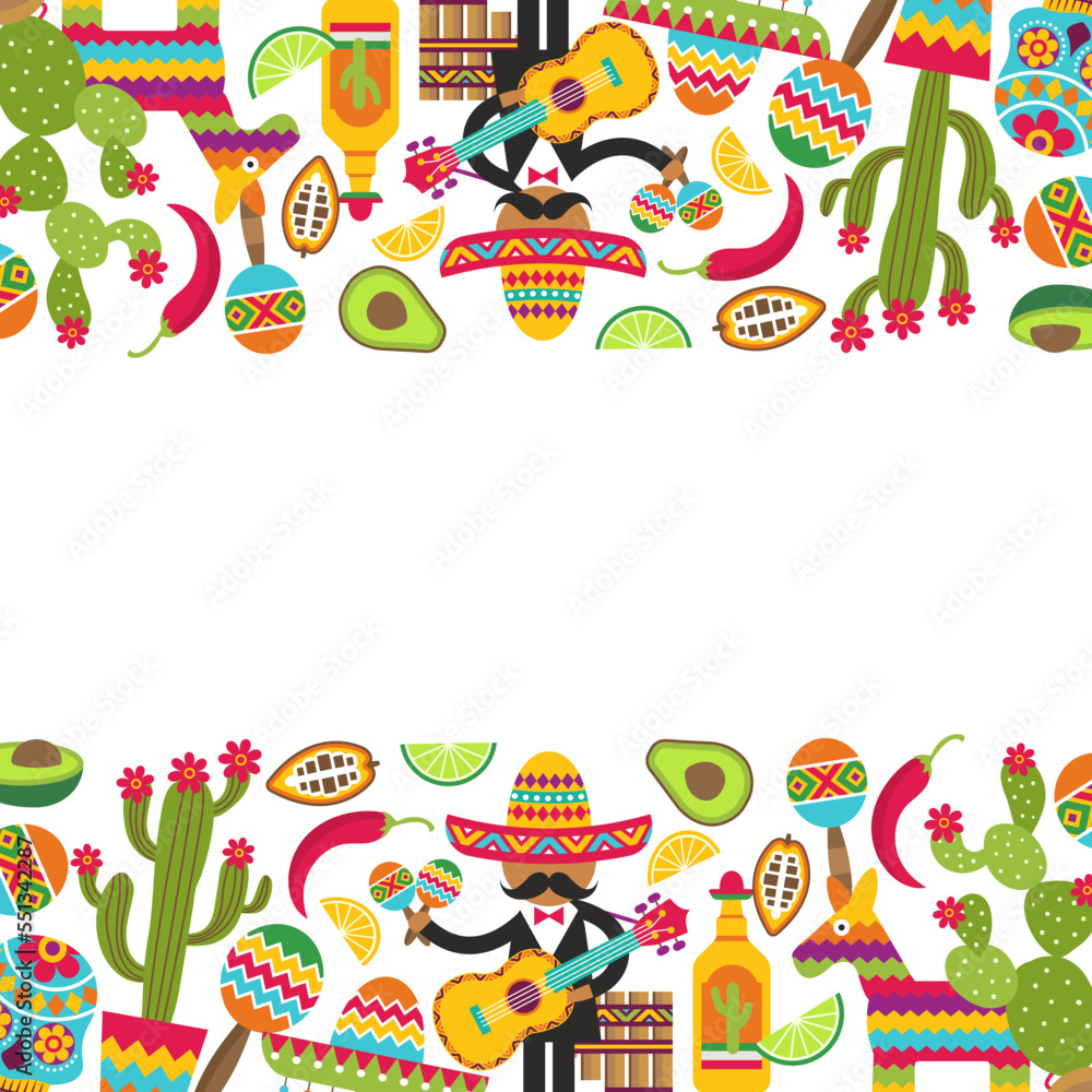 Mexico background. authentic decoration symbols mexican sombrero guitar cactus and techila with lime. vector template Mexico background. authentic decoration symbols mexican sombrero guitar cactus and techila with lime. vector template