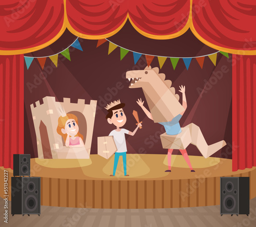 Kids performance. children show fairy tale stories on stage kids in cardboard costume. vector