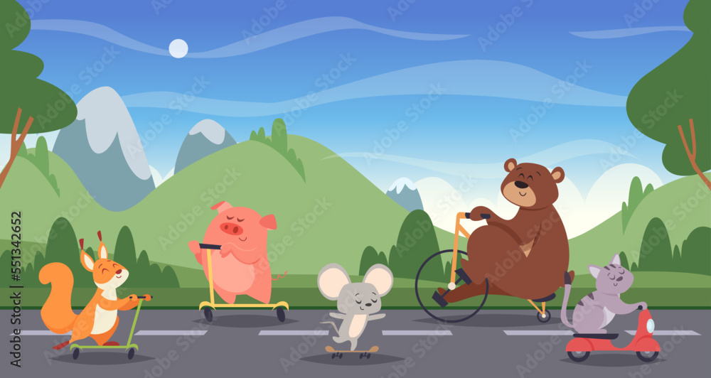Naklejka premium Animals riding background. Cartoon template with funny animal in action poses riding scooter exact vector concept of fast moving