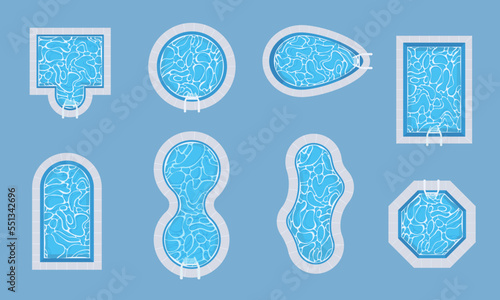 Pool top view. Outdoor interior area for swimming and relax time exact vector pool with cartoon water