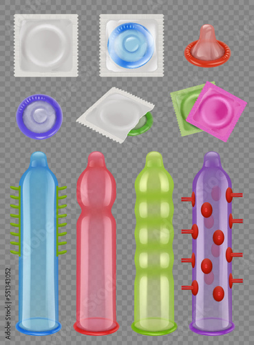Condoms. Different types of latex condoms contraceptive for helthy lifestyle men erection protection items decent vector realistic set