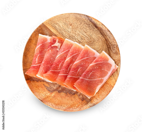 Wooden board with slices of delicious ham on white background