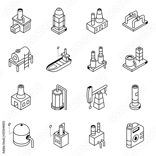 Collection of Fuel Factory Isometric Line Icons 

