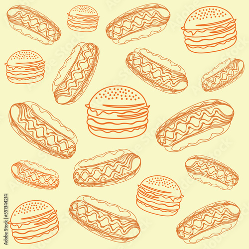Burger and hot dog is a fast food that will brighten up your lunch, burger, hot-dog, live tasty, food, cutlet, sausage, contour, vector, illustration, pattern