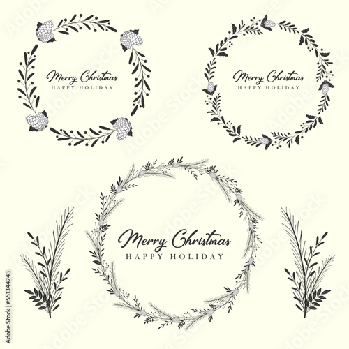 Christmas wreath with fir branches, leaves and holly berries in the style of hand drawn floral ornament for your greeting cards