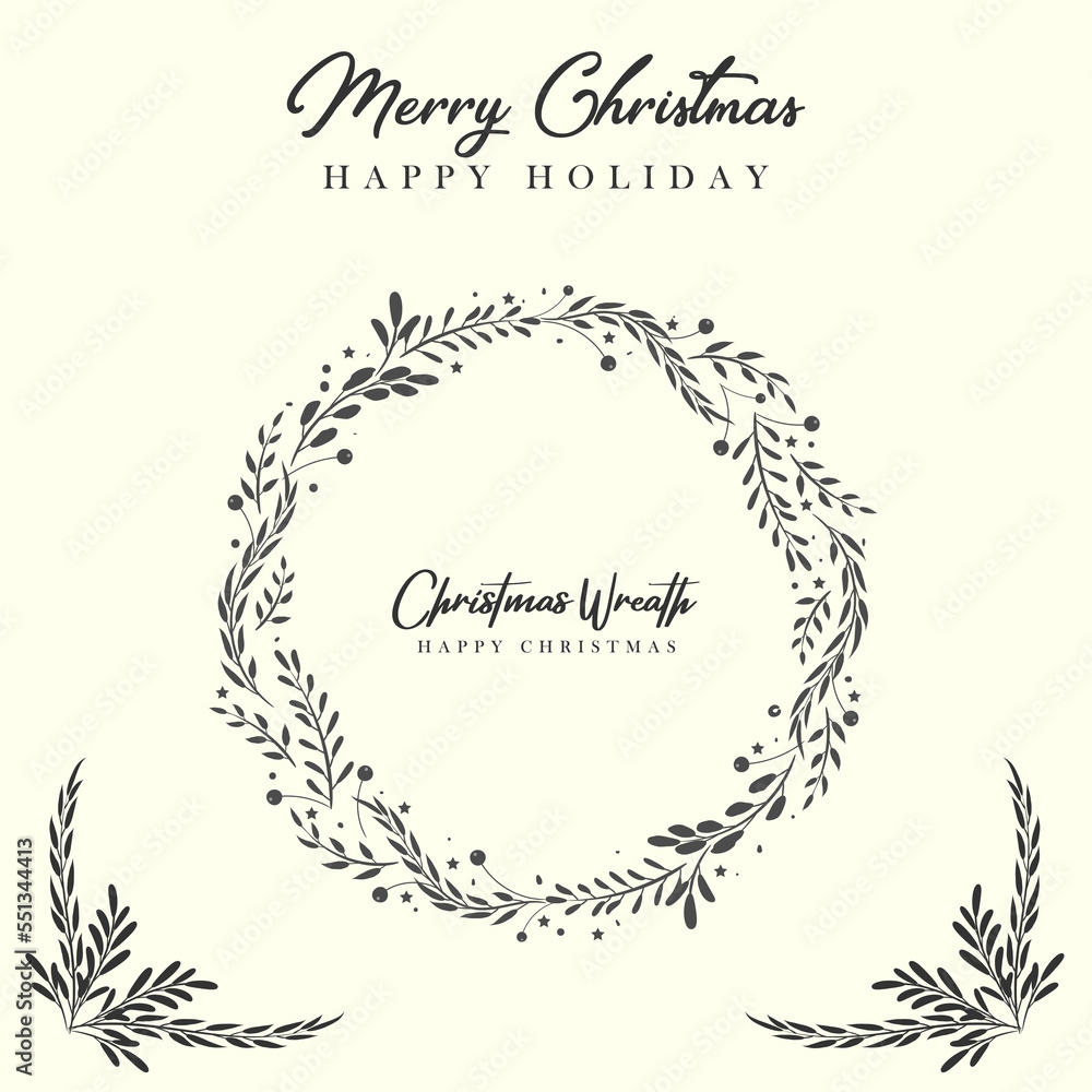 Christmas wreath with fir branches, leaves and holly berries in the style of hand drawn floral ornament for your greeting cards