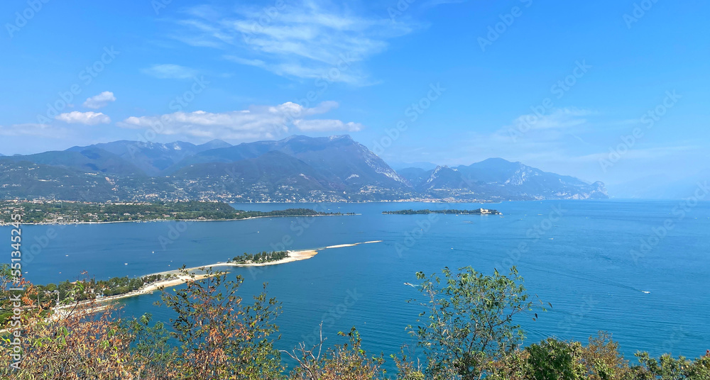 View from the fortress of Manerba to Island Garda (Isola del Garda). Italy, Europe.