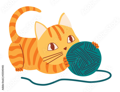 Doodle cat. Cute and funny pet vector illustration. Cartoon kitten character design. Adorable animal playing with ball of yarn