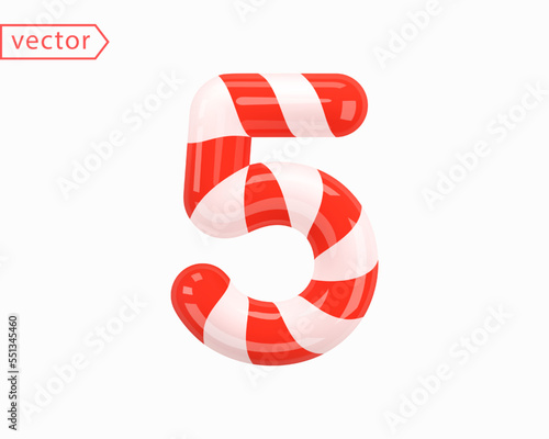 Number 5. Number Three sign white intertwined with red ribbon. 3d Numeral as Candy Cane in cartoon style. Realistic glossy object isolated on white background. 3D symbol icon vector illustration
