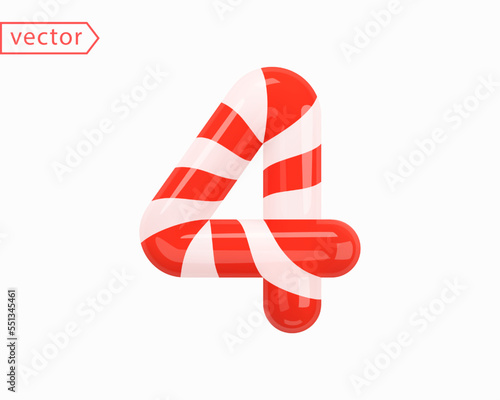 Number 4. Number Three sign white intertwined with red ribbon. 3d Numeral as Candy Cane in cartoon style. Realistic glossy object isolated on white background. 3D symbol icon vector illustration