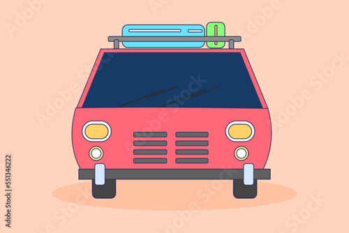 Front view off road SUV car with luggage on the roof  time to travel  holiday. Flat design vector illustration