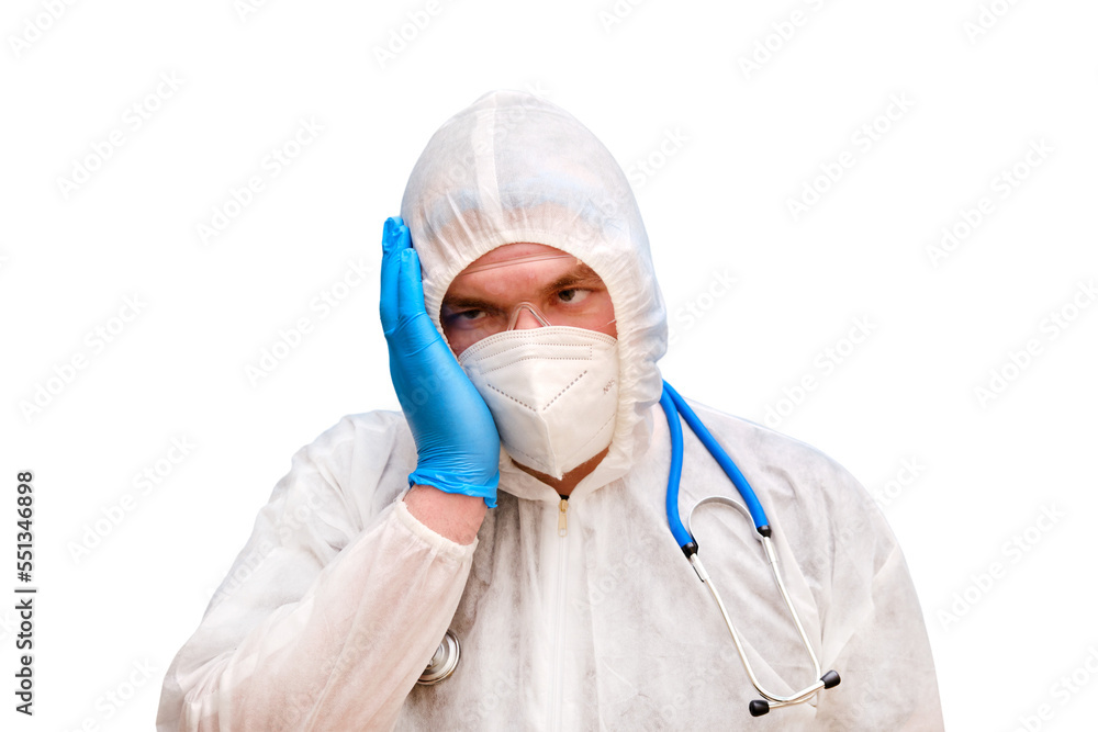 Man doctor medic in a protective suit uniform with goggles and face mask, isolated on a white background. Paramedic in white antiviral protective clothing wearing an N95 respirator and safety glasses Man doctor medic in a protective suit uniform with goggles and face mask, isolated on a white background. Paramedic in white antiviral protective clothing wearing an N95 respirator and safety glasses