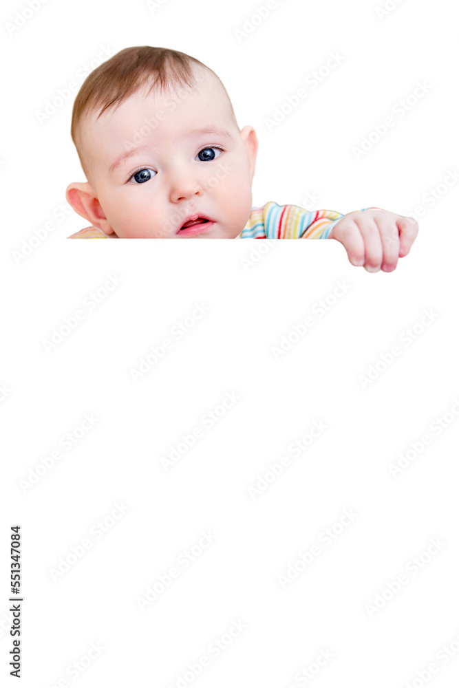 Curious baby, isolated on a white background. Child boy at the age of six months, copy space Curious baby, isolated on a white background. Child boy at the age of six months, copy space