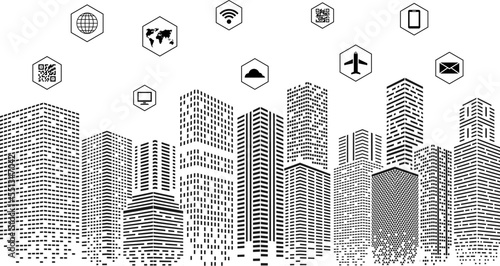 Black and white smart city concept. Dots buildings, abstract architecture urban landscape. Vector future town with communication and connection icons