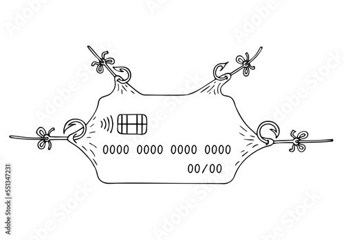 A credit card is caught by many fishing hooks. Theft of funds from credit and bank cards. Fraud, phishing. Phishing scam. Freehand drawing. Doodle. Hand Drawn.	