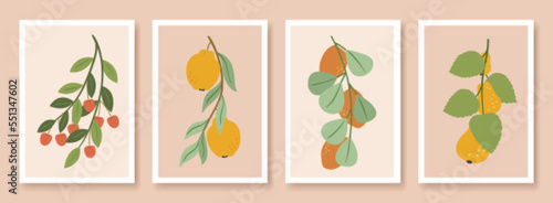 Modern organic fruits banners. Mango pears cherry hang on green branches. Fashion interior posters, vector contemporary exotic eco design