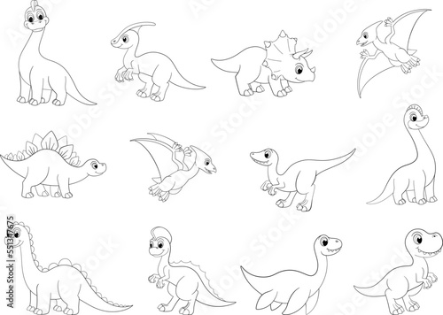 Outline dinosaurs, t-rex and pterodactyl. Line dinos isolated on white, prehistoric cartoon dinosaur. Children dino clipart, vector coloring bundle