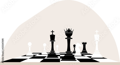 Chess strategy game. White and black game figures. Win and business analytics thinking. Vector chessboard concept