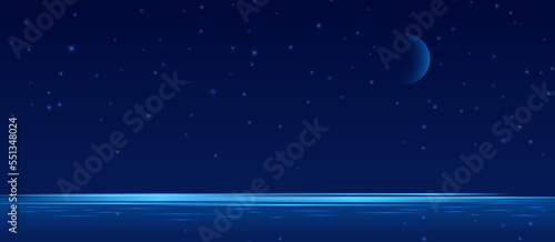 Starry night sky, blue moon and water. Shine evening vector background with stars lights. Decorative graphic landscape, shining glowing lake