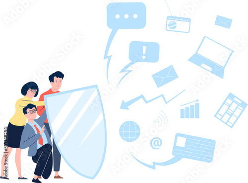 Overloading news, people in stress. A lot data information and communication. Office workers save mental health, business burnout recent vector scene