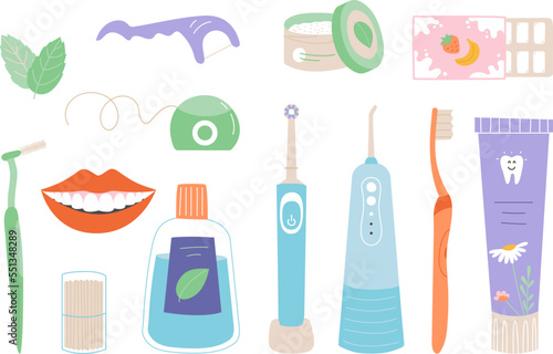 Dental cleaning tools and mouth. Toothpaste, freshener and brushes. Mouthwash bottle, clean tooth instrument for home care. Classy dentist vector set