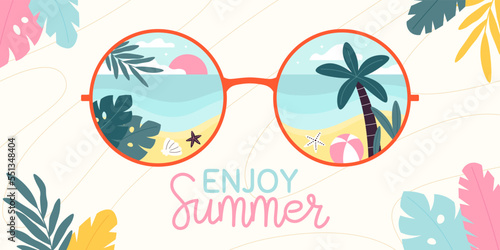 Summer beach sunglass, reflection beach vacation. Traveller cartoon poster with palm tree, ocean and sand. Racy vector fun travel background