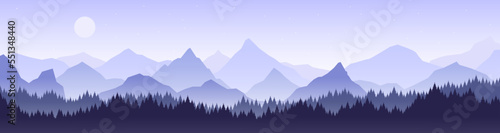 Mountains panorama european landscape. Mountain skying travel background. Nature majestic racy vector exposure with forest in fog and rock peaks © LadadikArt