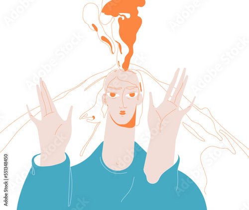 Person with head explosion and steam, overloaded with information, tired of problems. Mind pressure, headache, troubles concept. Flat vector illustration isolated on white background