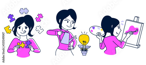 Vector illustration of creative thinking abstract concept. Woman brainstorming creative idea and painting
