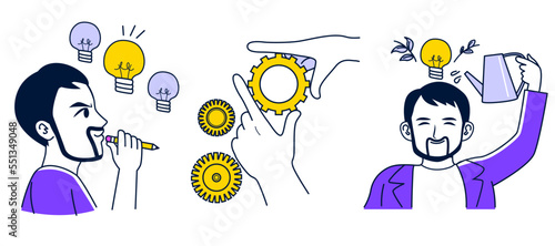 Vector illustration of brainstorming and creativity business concept. Looking for new ideas, polishing projects