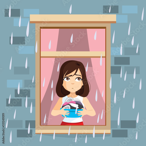 Vector illustration of sad housewife looking through the window on rainy day. She cannot dry her clothes due to rain