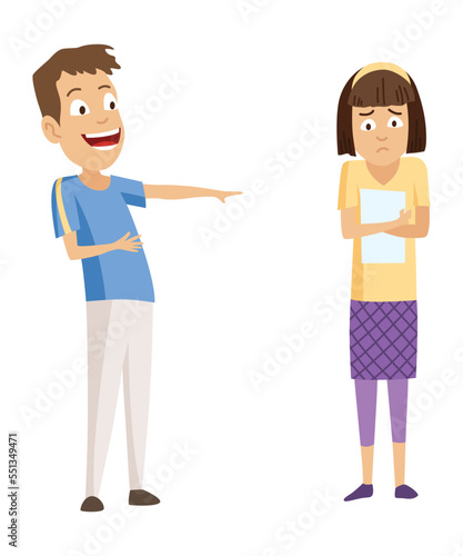 Kids bullying. Childish bullies or verbal and physical conflict between children. Bad child behavior, scared and strong angry children conflict, cartoon characters confrontation