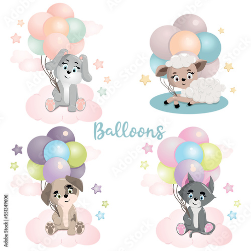 A set of cute animals with balloons. A set of vector images with pets illustration
