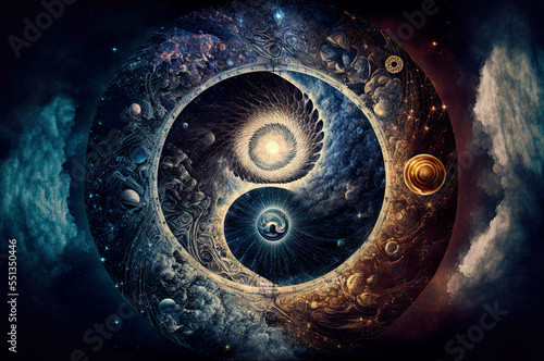Majestic yin-yang in the universe, spirituality, synchronicity, esoteric, meditation, illustration, digital, generative AI photo
