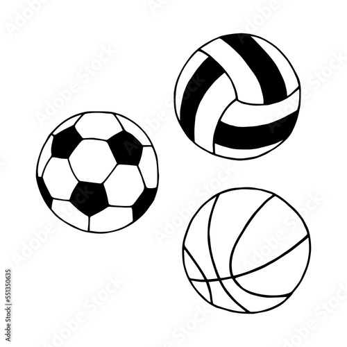 A set of balls. Football, basketball, volleyball. Vector stock illustration eps10. Outline, isolate on white background. Hand drawn. © Yevheniia
